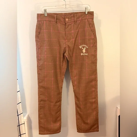 Pleasures x Playboy Plaid Trousers Brown with Embroidered Logo - Picture 2 of 7